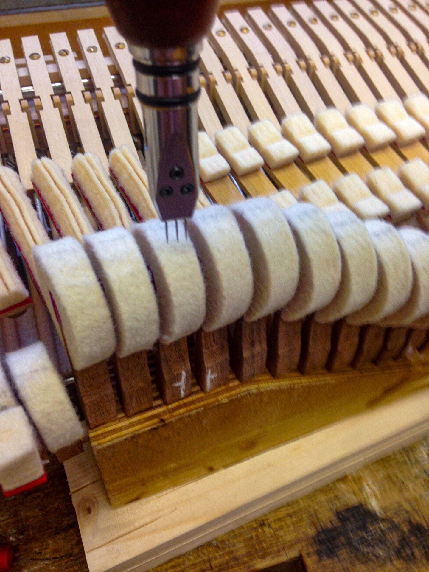 Mecánica de piano – cabezas de martillo durante el regulado, taller Claravier